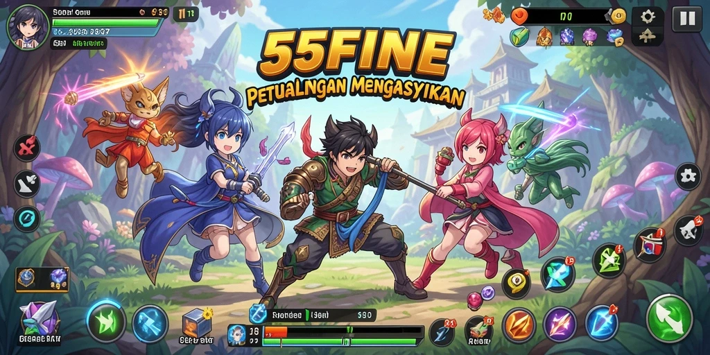 Screenshot utama 55FIVE menampilkan aksi karakter Anime yang mendebarkan.