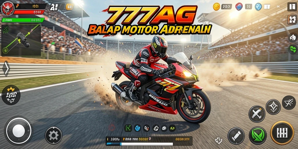 Screenshot utama 777AG menampilkan aksi balap motor yang mendebarkan.