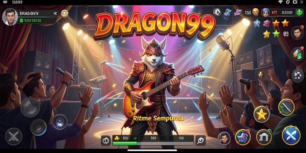Tangkapan layar utama DRAGON99 menunjukkan pengguna bernyanyi dengan penuh semangat.