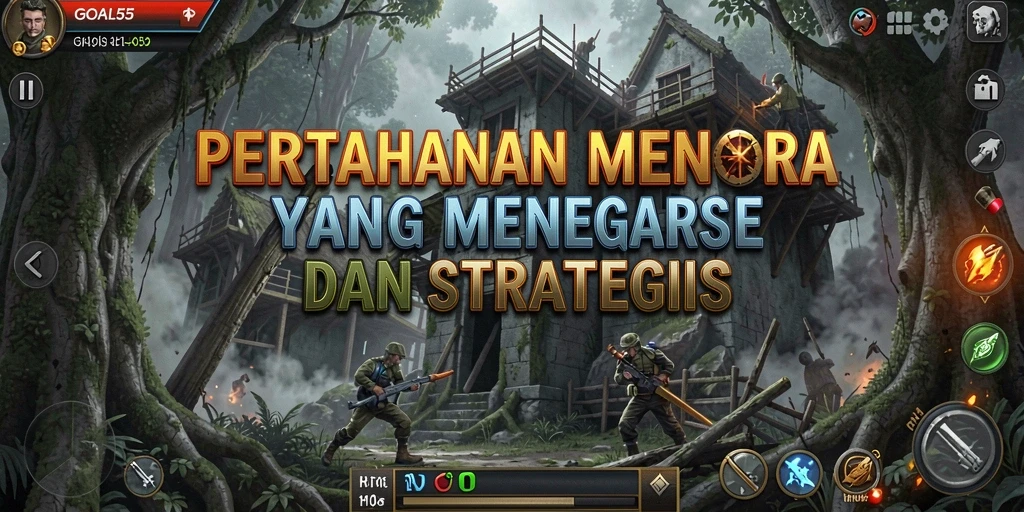 Tampilan gameplay GOAL55 dengan menara dan musuh yang menarik.