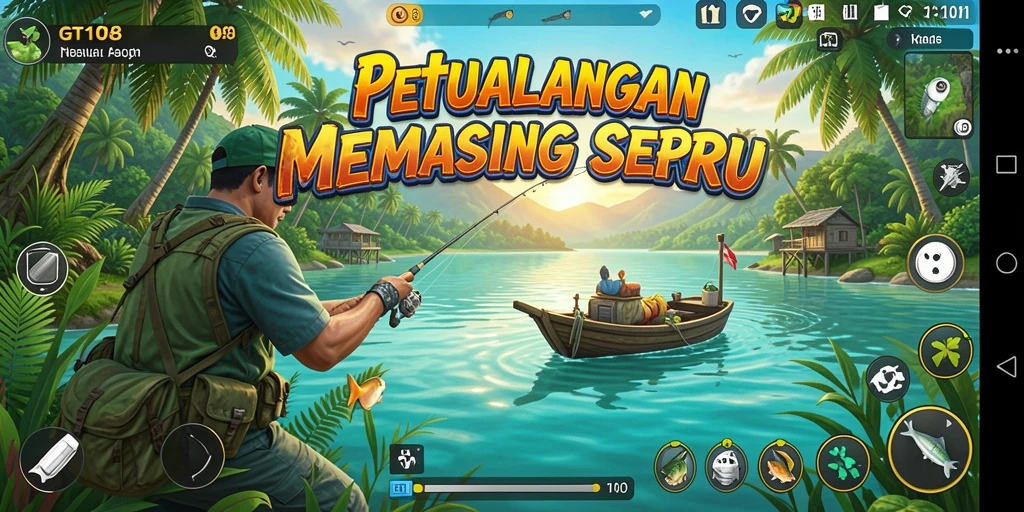 Tampilan gameplay GT108 yang mendebarkan saat memancing ikan besar.