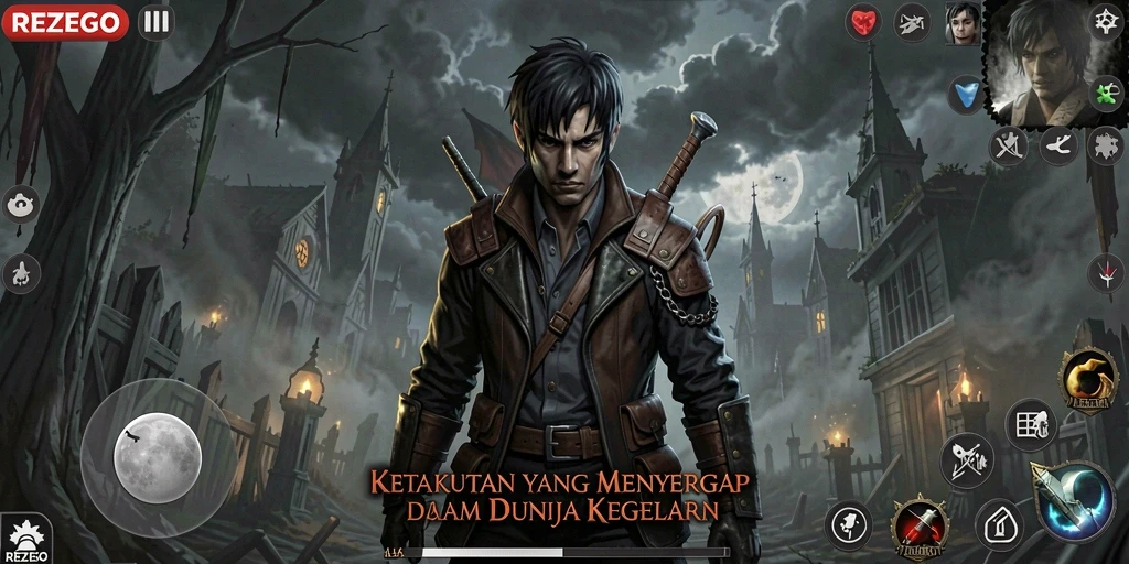 Gameplay REZEGO yang menegangkan dalam suasana kelam.