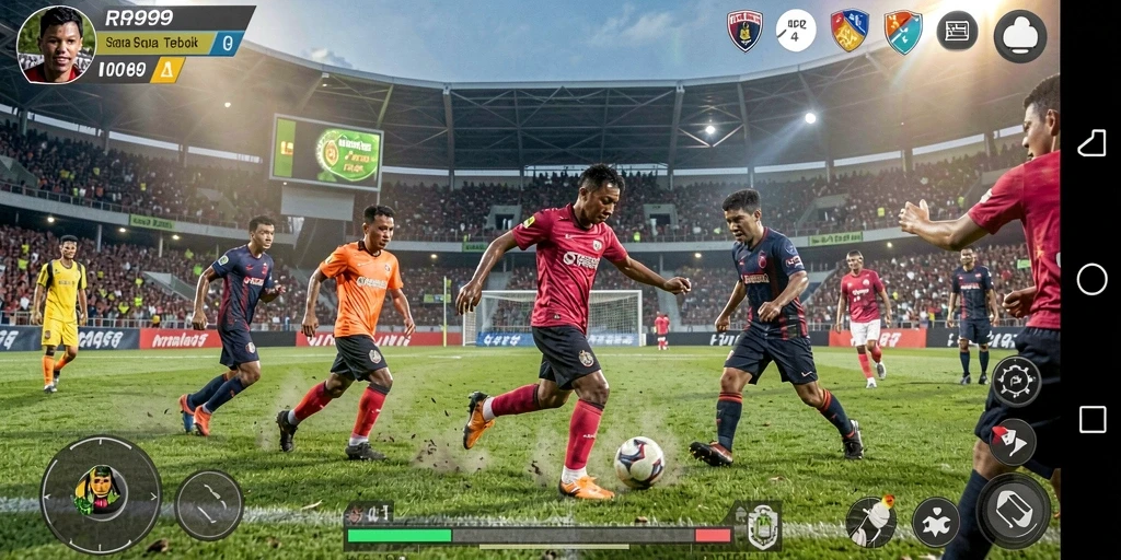 Tampilan gameplay menegangkan dari RR999 dalam aksi sepak bola.