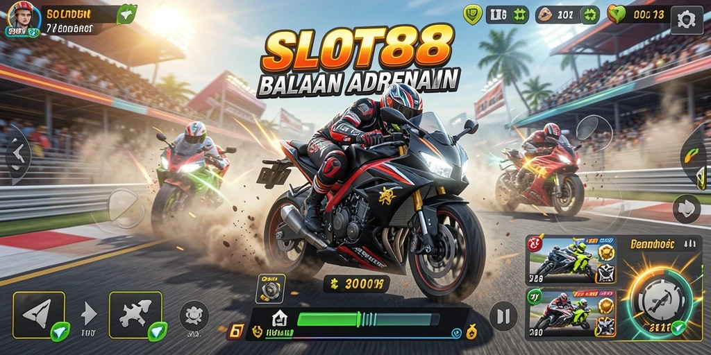 Tampilan gameplay balapan motor yang menegangkan di SLOT88.